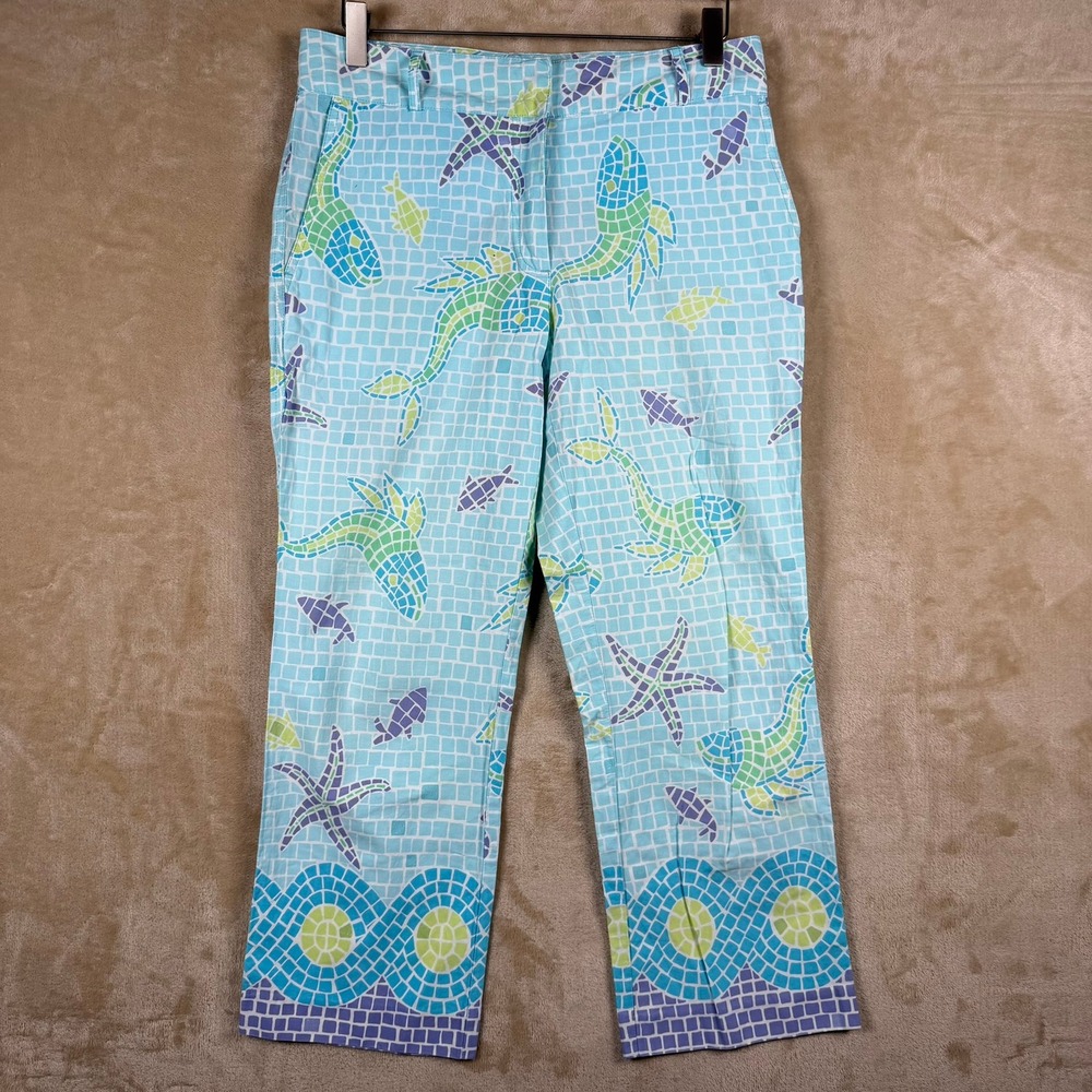 Lilly Pulitzer Blue Mosaic Sea Life Fish Starfish Cropped Pants Size 4 Coastal